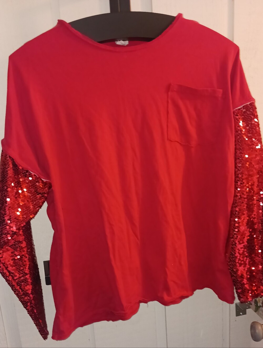 Red Sequin Sleeve Pocket Top